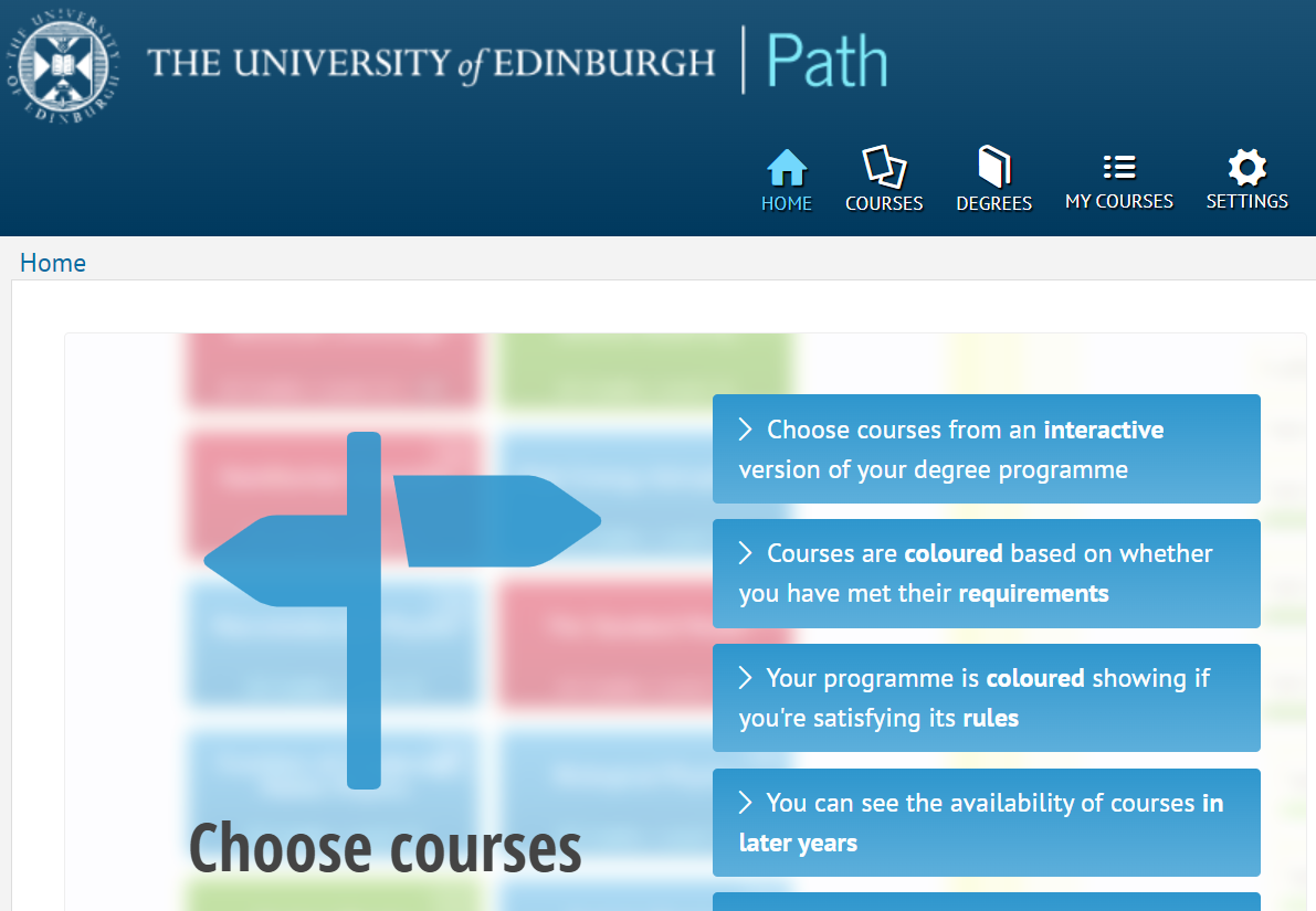 Path homepage showing menu items