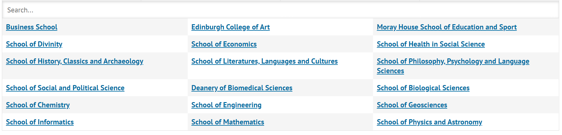 Path page showing all Schools in University with Business School on the left