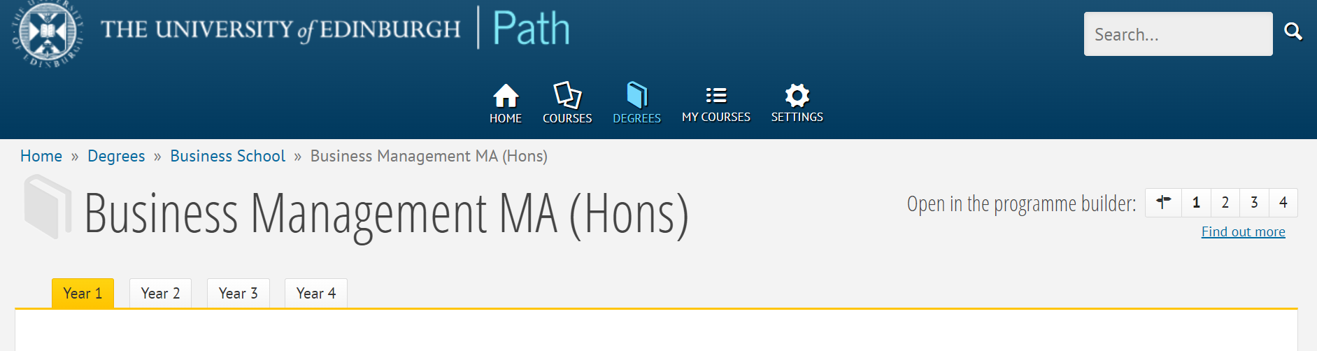 Path screen for Year 1 Business Management MA (Hons)