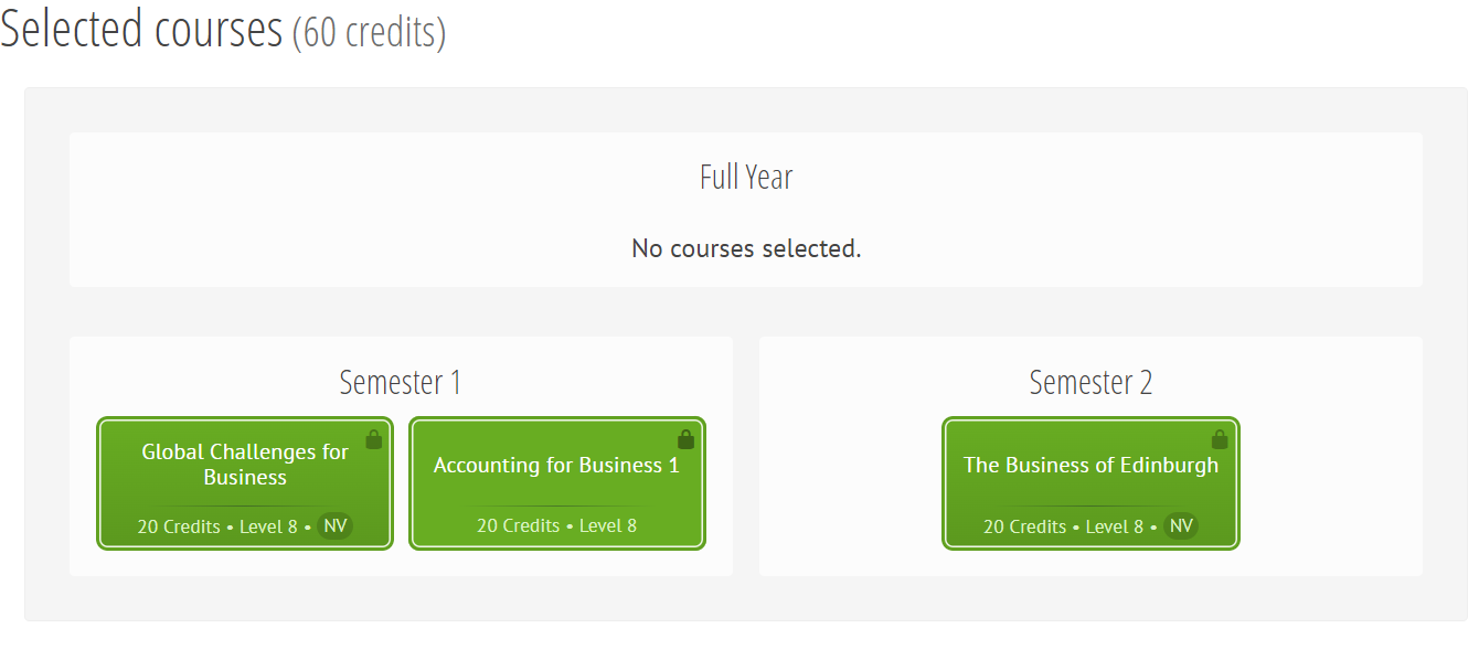 Semester 1 and Semester 2 core courses shown in Green (Global Challenges for Business, Accounting for Business 1, The Business of Edinburgh)