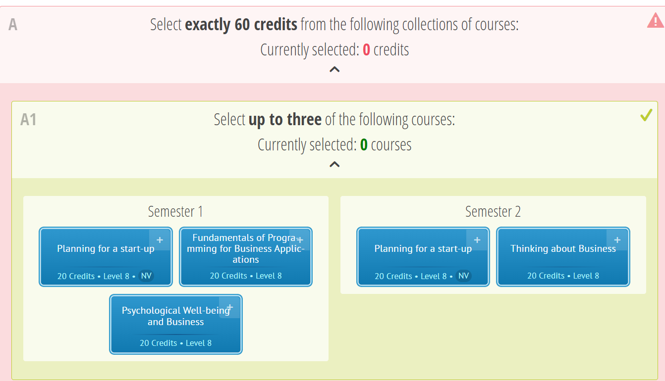 Path course selection showing available options in blue and warning at the top in red